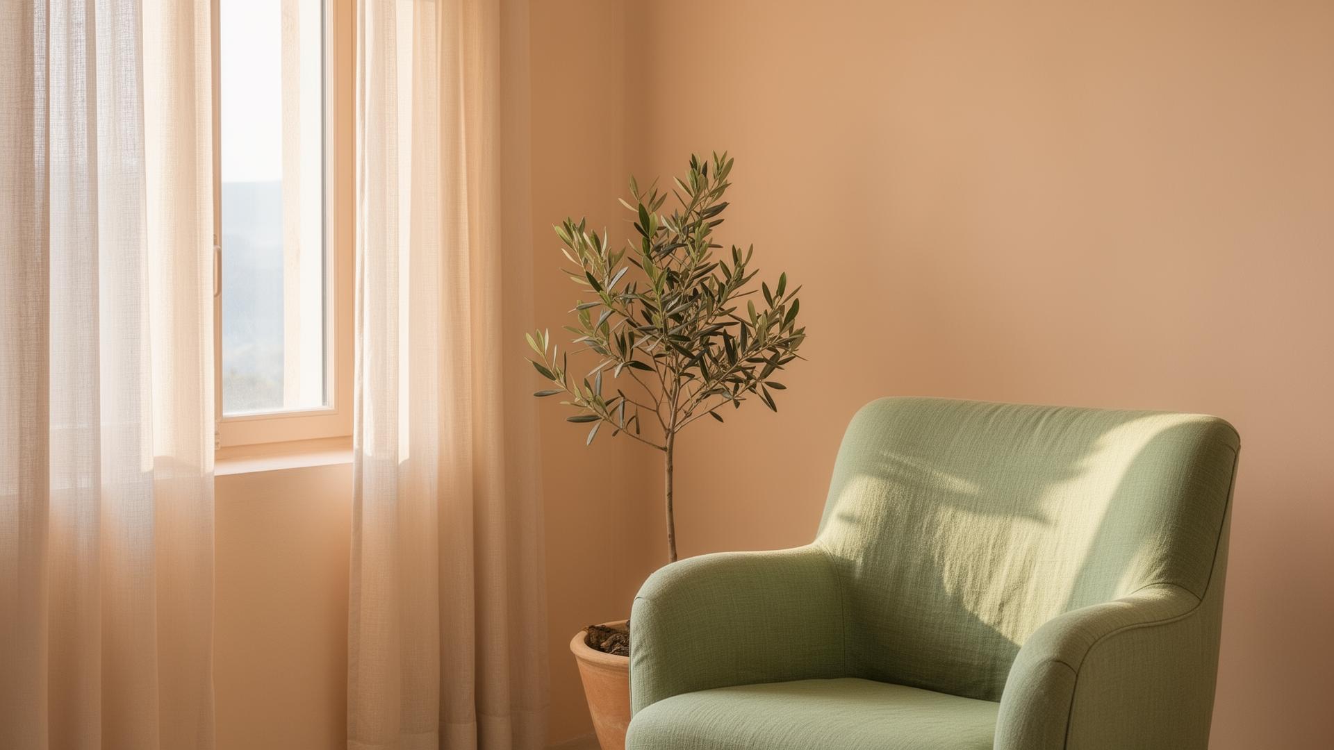 Spazio dello studio: poltrona color salvia, luce naturale, pianta di ulivo